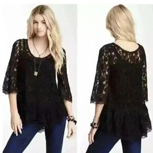 NWT Free People Black Scallop Lace Floral Peplum Top Size XS